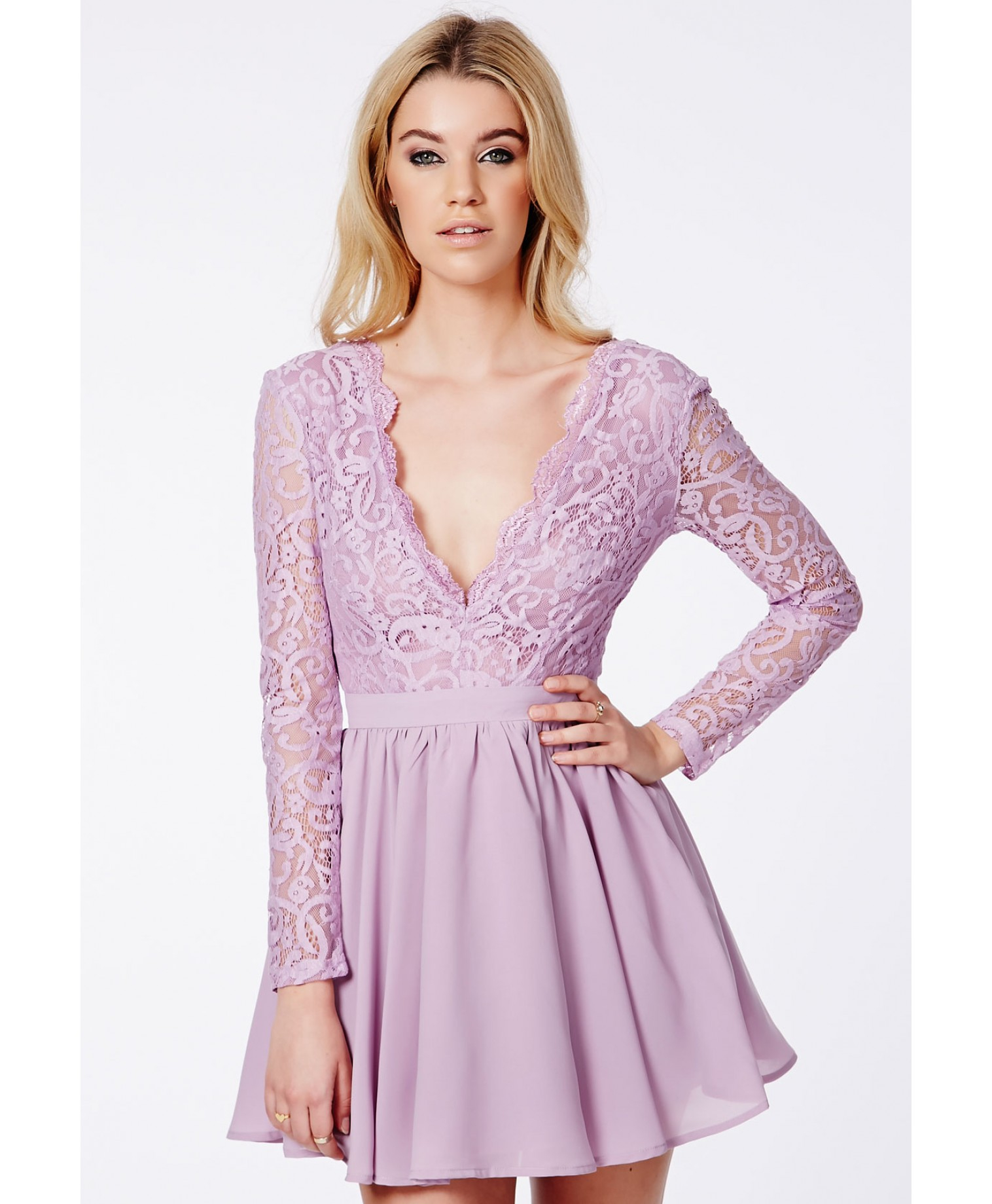 Missguided Dayana Lilac Lace Sleeve Puff Ball Dress in Purple - Lyst