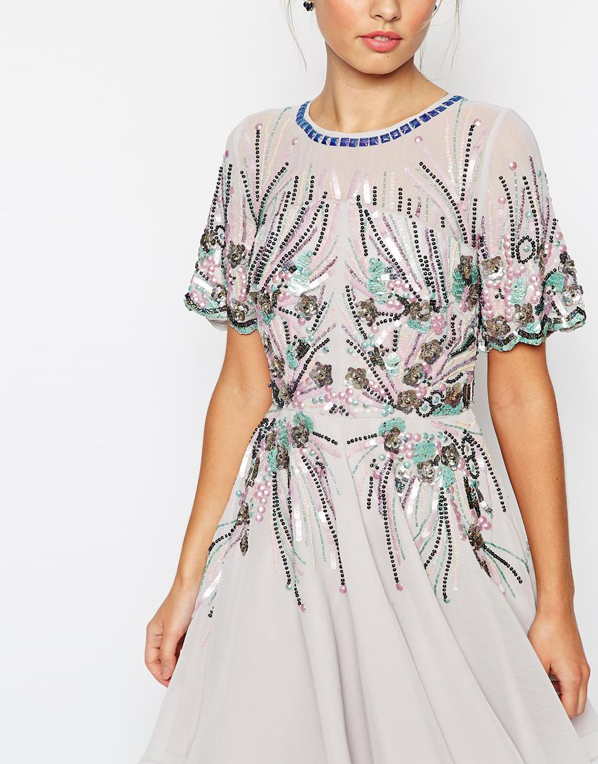 asos gold and navy sparkle mesh skater dress