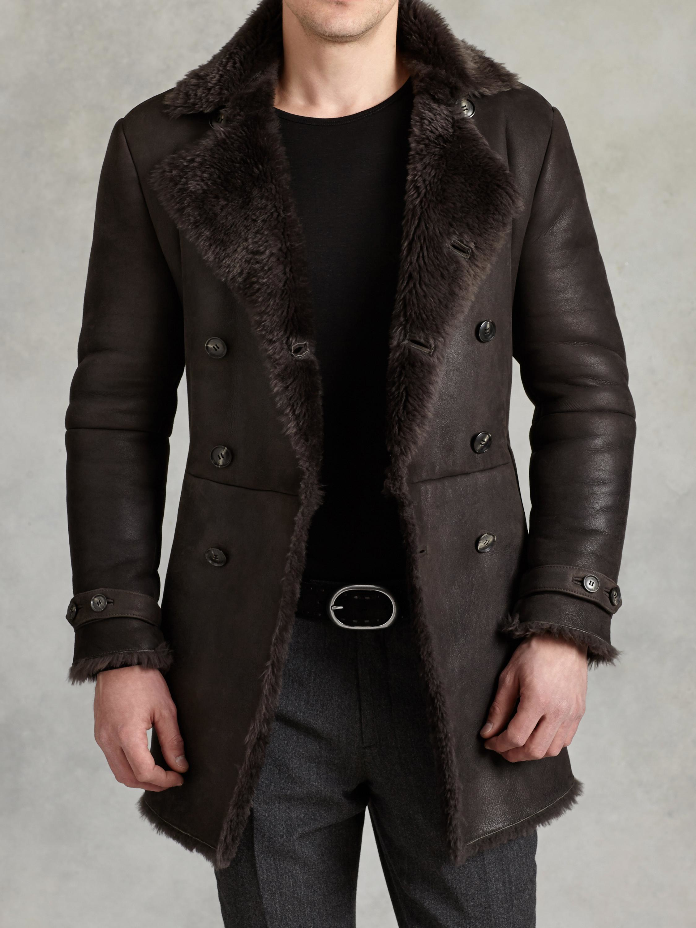 John Varvatos Double Breasted Shearling Coat in Brown for Men | Lyst