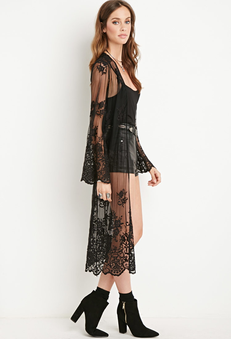 Forever 21 Embroidered Mesh Kimono in Black | Lyst