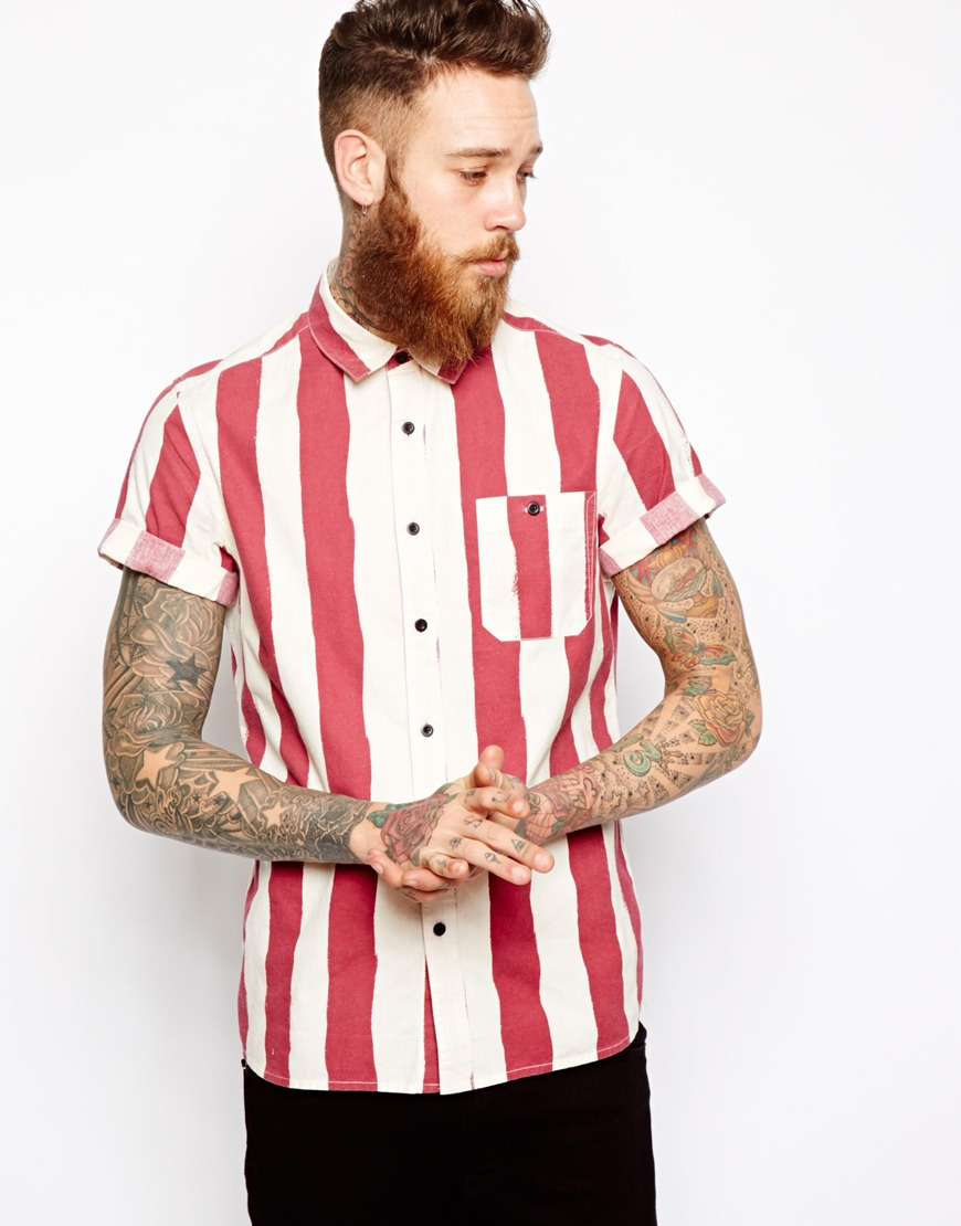 Asos Block Stripe Shirt With Short Sleeves In Red White For Men
