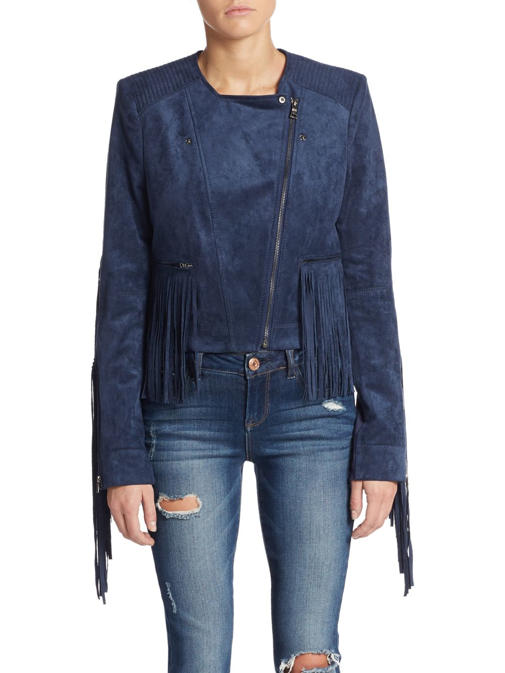 blue suede fringe jacket