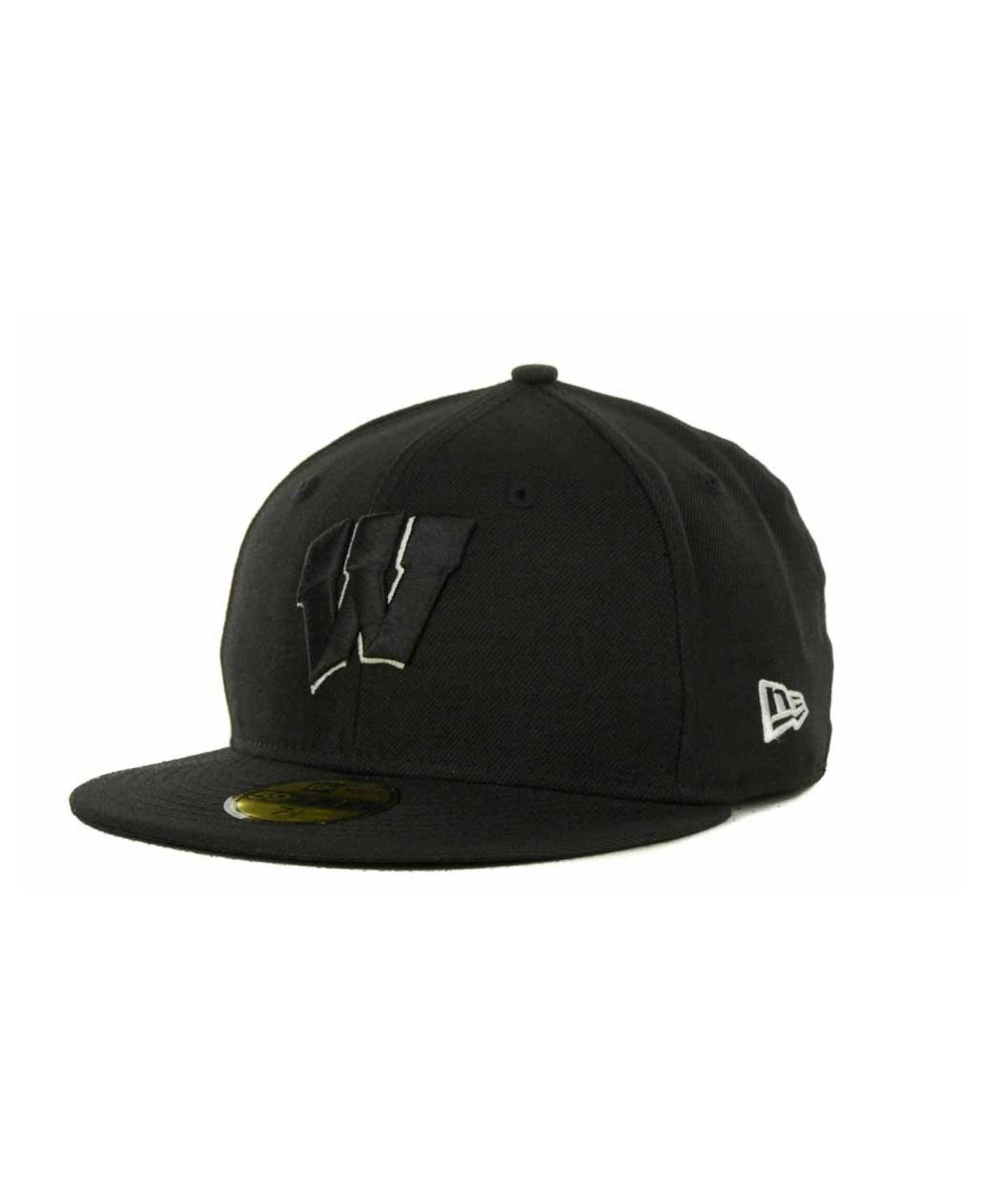 KTZ Wisconsin Badgers Black On Black With White 59Fifty Cap for