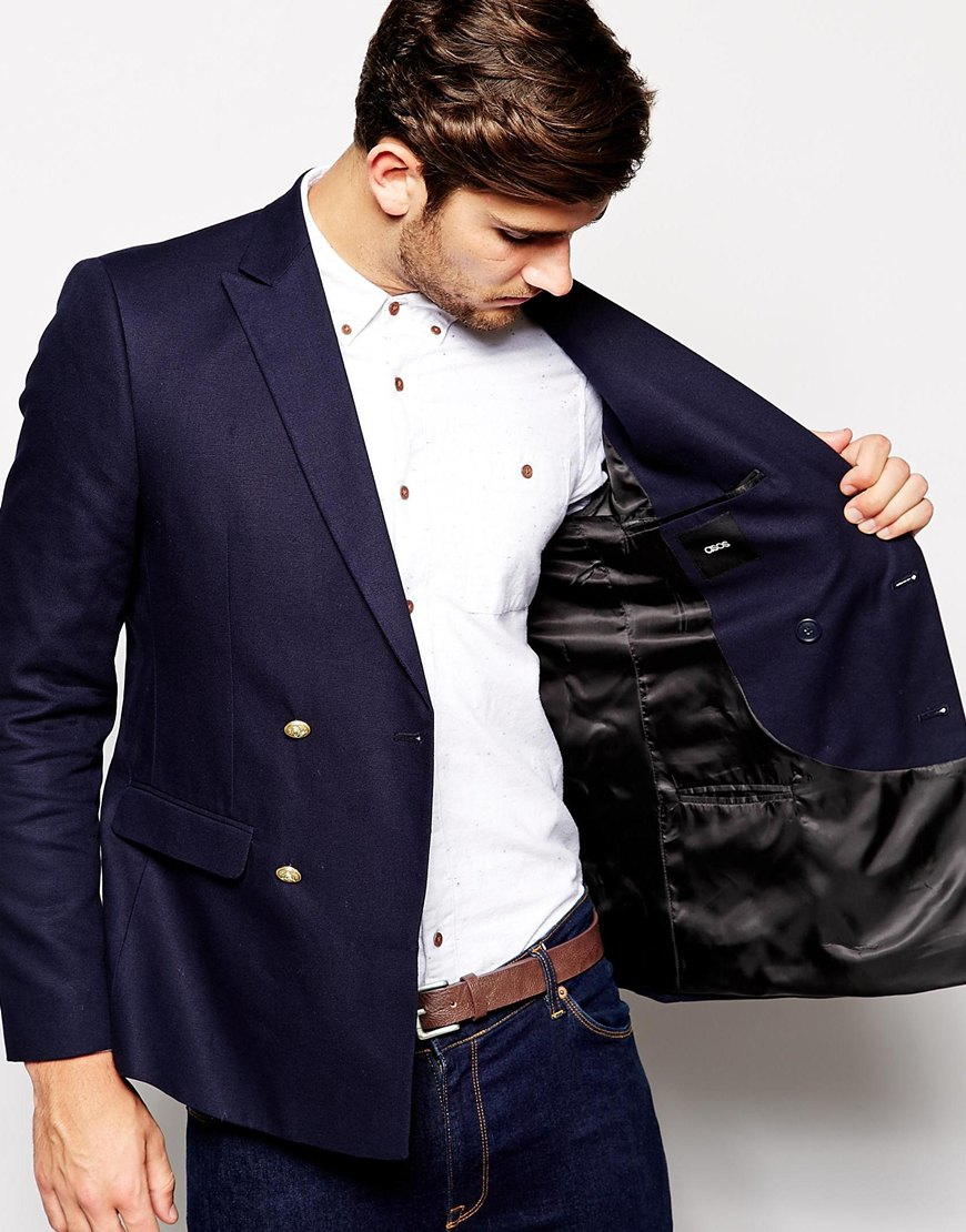 ASOS Slim Fit Double Breasted Blazer With Gold Buttons in Navy (Blue