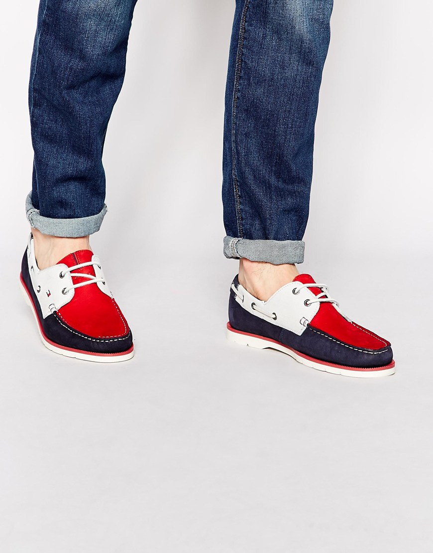 Tommy Hilfiger Nubuck Leather Boat Shoes in Red for Men | Lyst