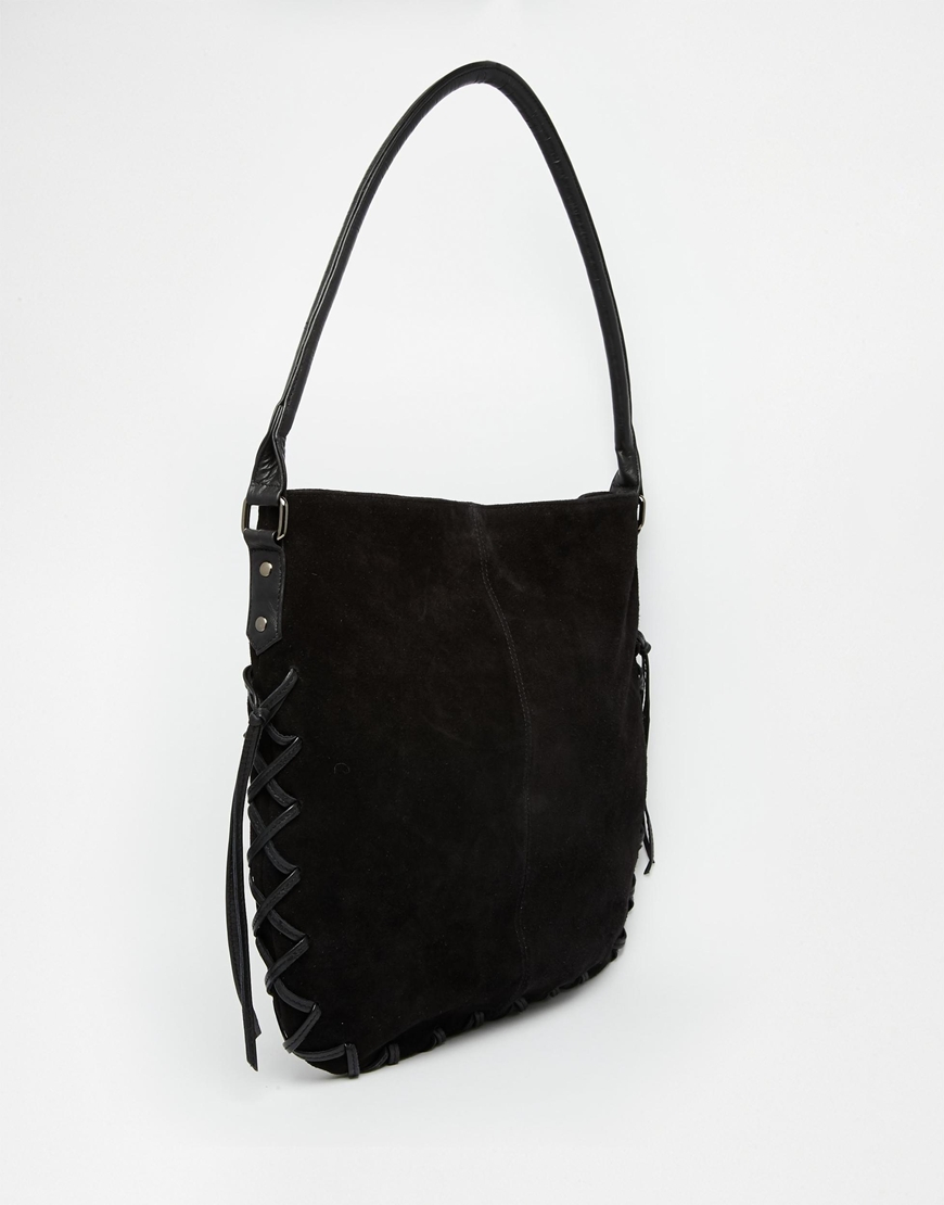 Asos Suede Hobo Bag With Lace Up Detail in Black | Lyst
