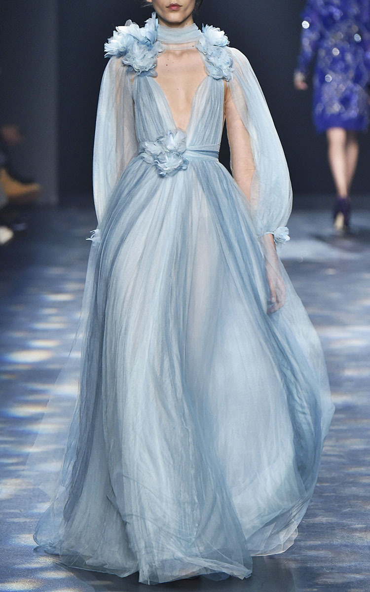 Marchesa Tulle Grecian Gown With Billowing Sleeves in Blue | Lyst