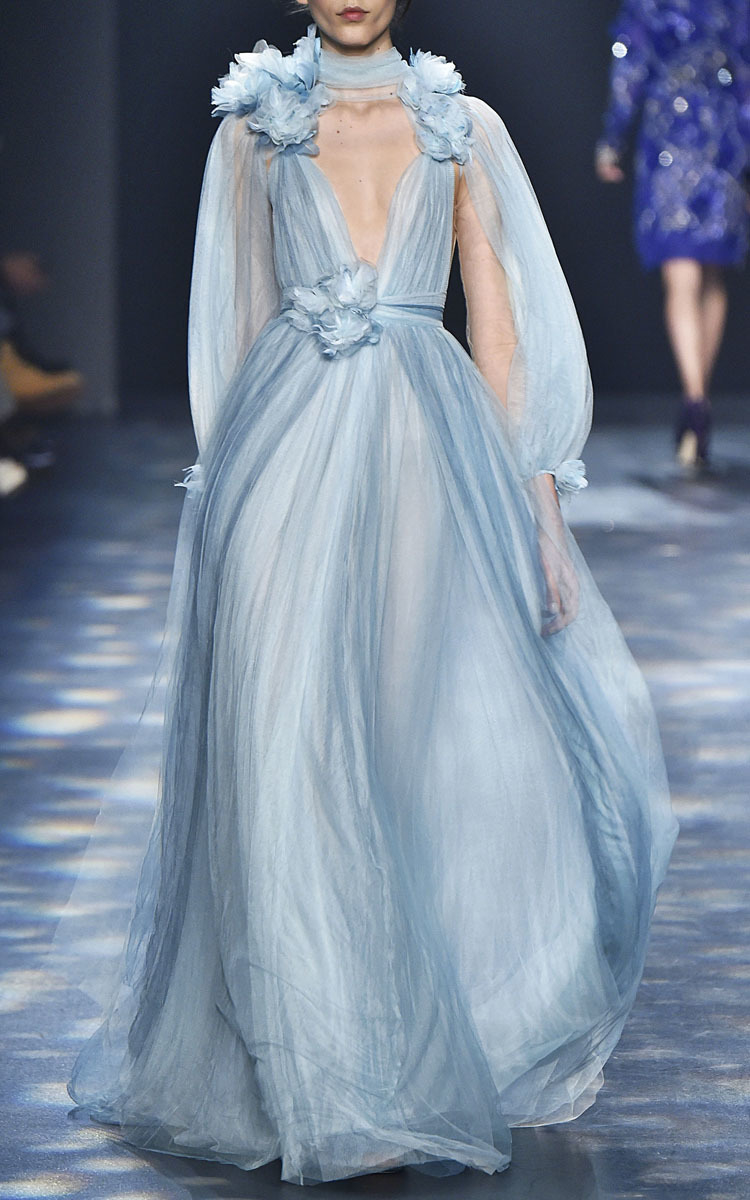 Marchesa Tulle Grecian Gown With Billowing Sleeves in Blue - Lyst