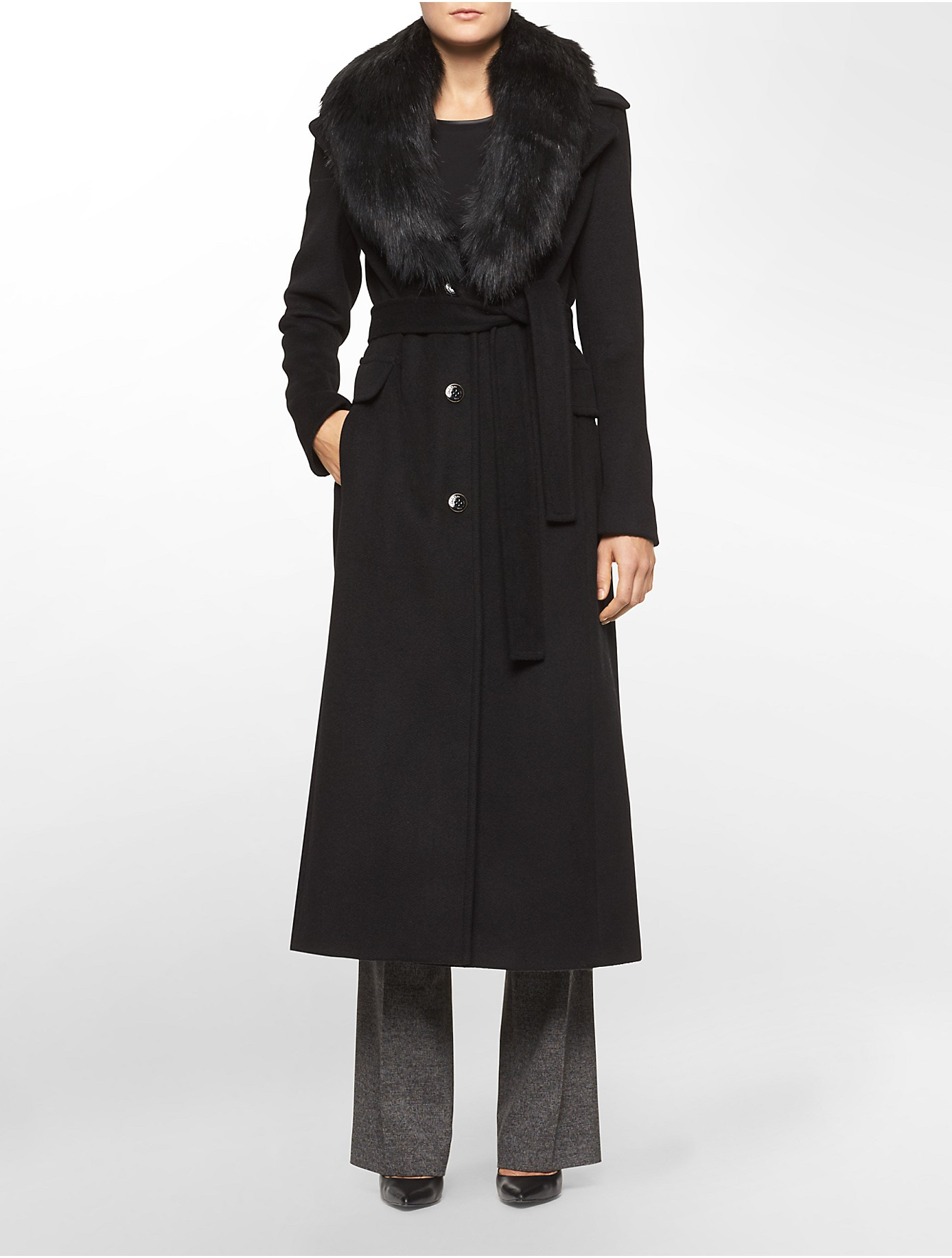 Calvin Klein Faux Fur Trim Collar Belted Maxi Coat in Black - Lyst