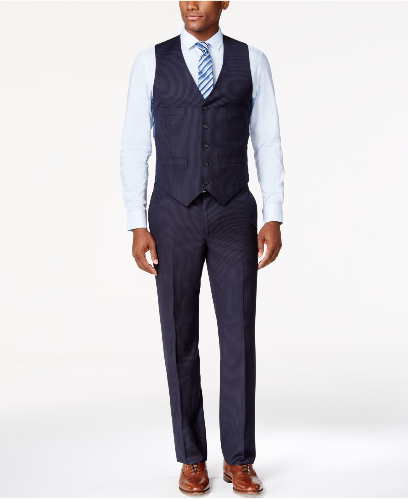 Kenneth Cole Reaction Synthetic Navy Vested Pinstripe Slim-fit Suit in Blue  for Men - Lyst