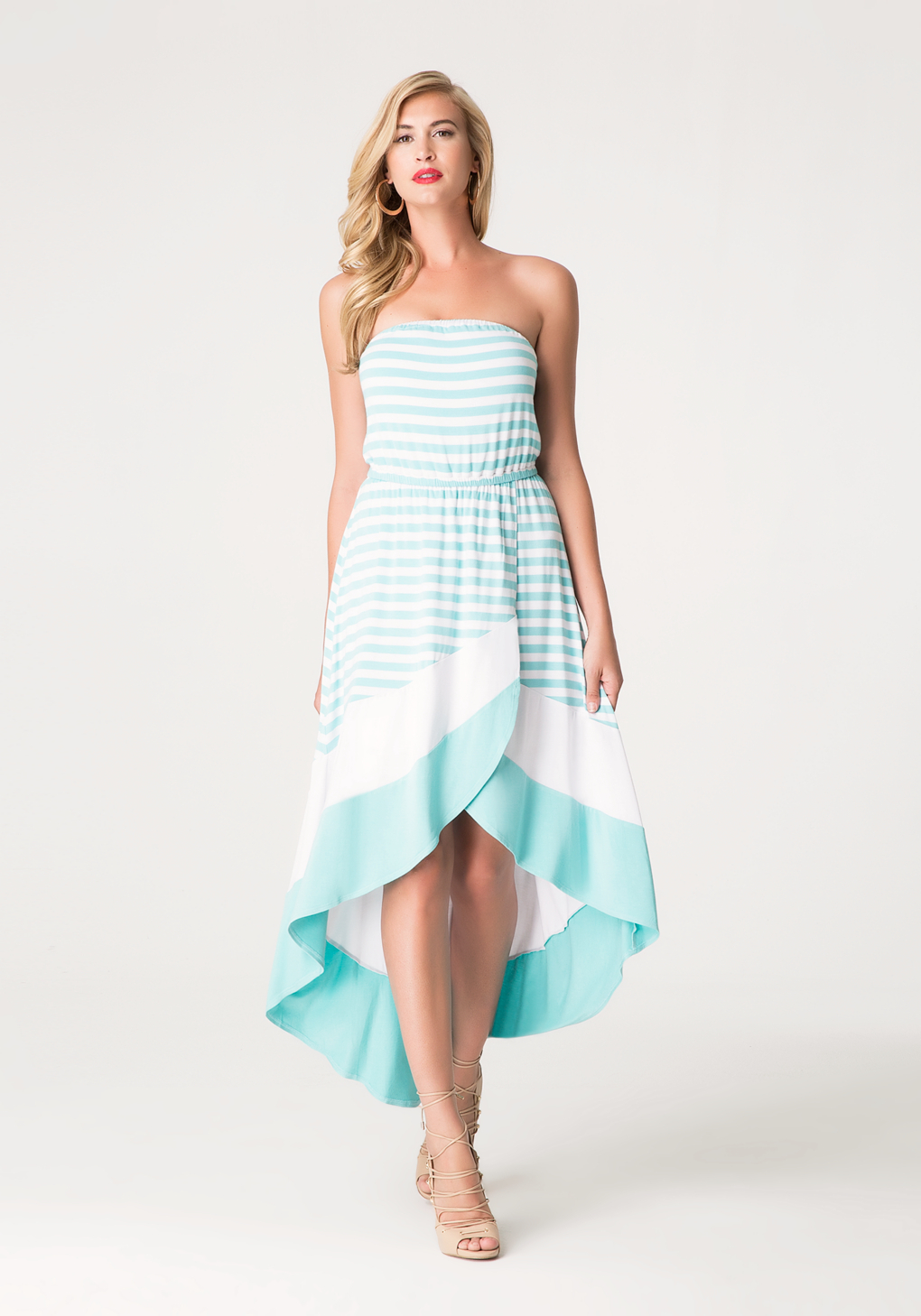 blue and white striped strapless dress