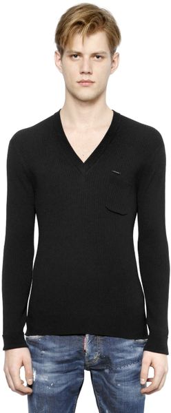 Dsquared² Ribbed Wool Blend V Neck Sweater in Black for Men | Lyst