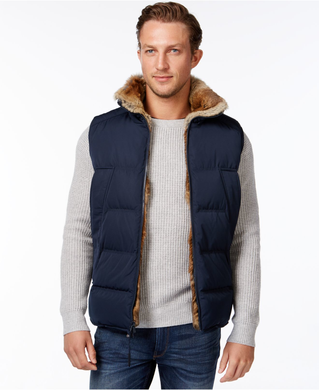 Andrew Marc Esher Quilted Fur-lined Vest in Blue for Men - Lyst