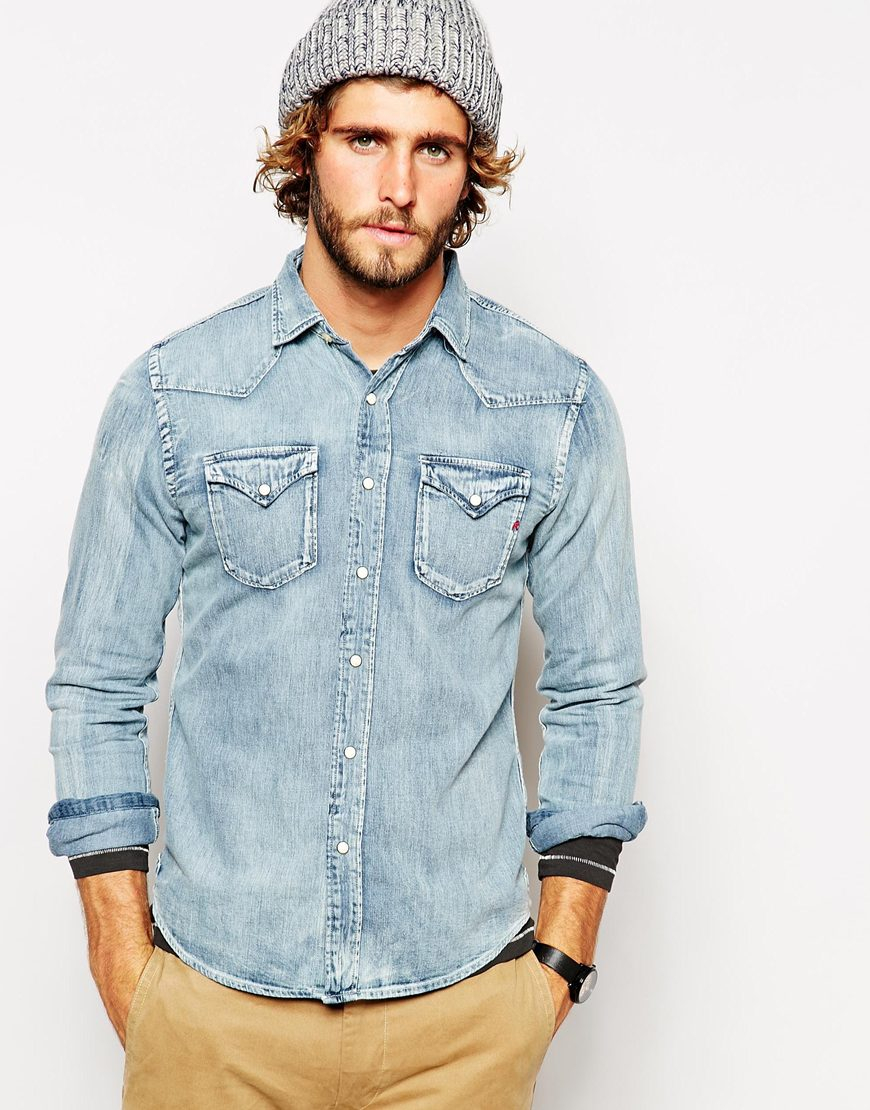 Replay Denim Shirt Western Light Wash in Blue for Men - Lyst