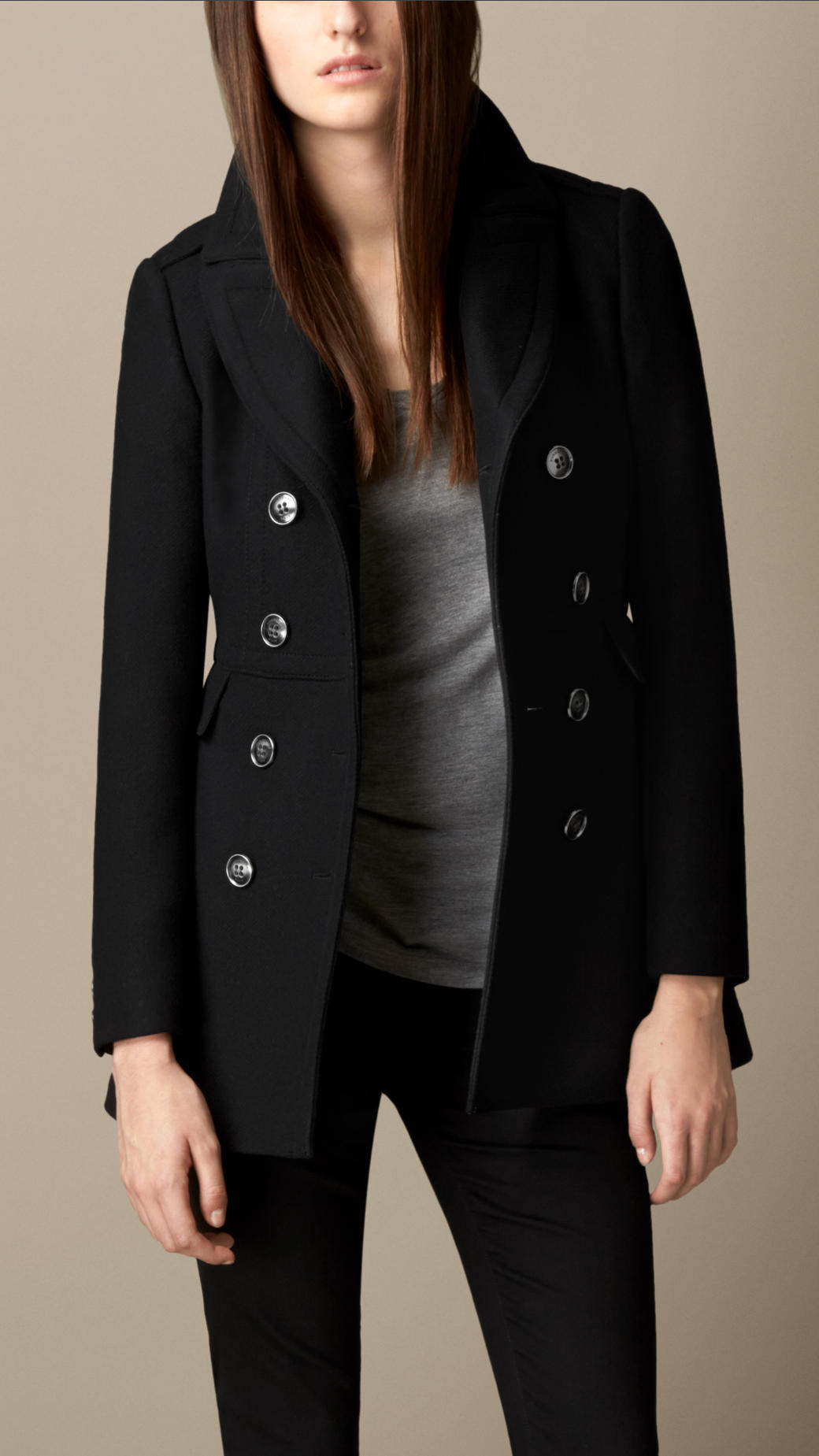 Burberry Fitted Wool Blend Twill Pea Coat in Black | Lyst