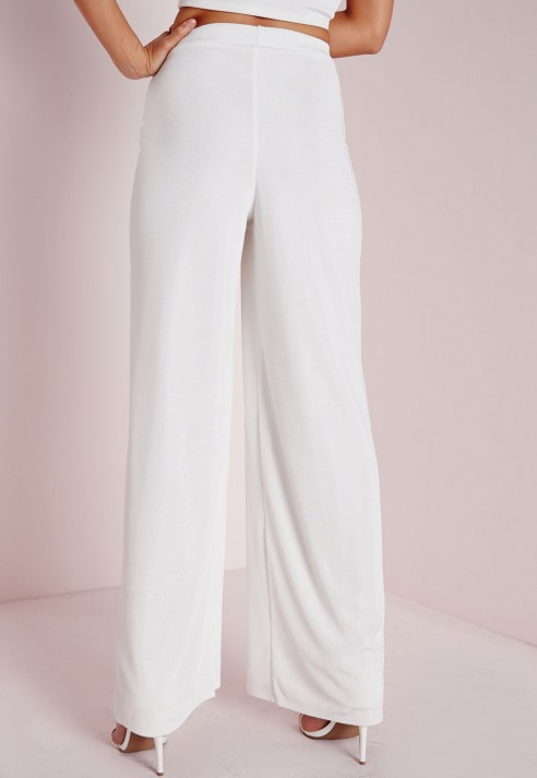 White ribbed wide leg trousers Clearance
