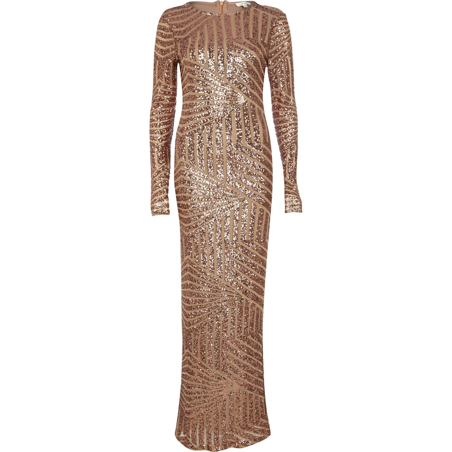 River island Bronze Embellished Long Sleeve Maxi Dress in Brown | Lyst