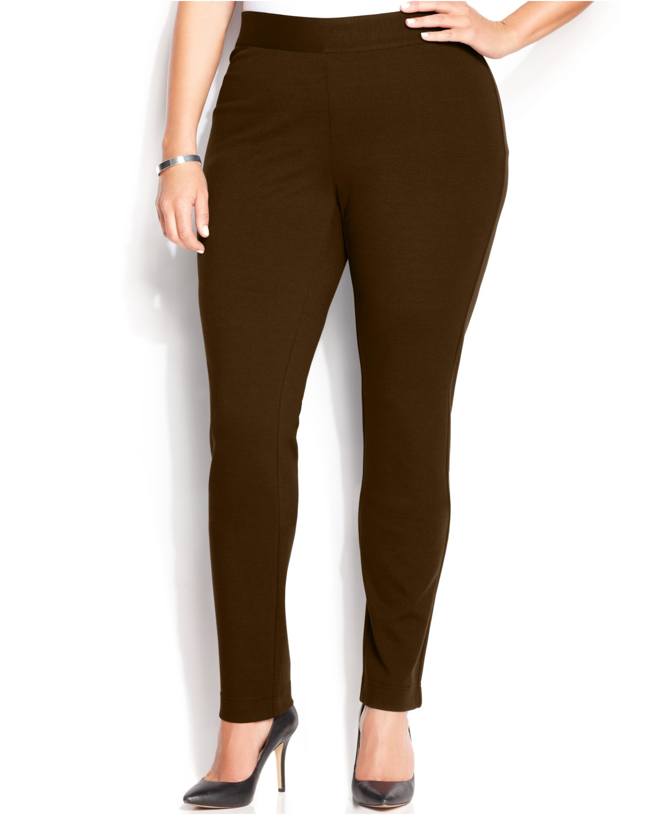 INC International Concepts Plus Size Pull-On Skinny Ponte Pants in Brown