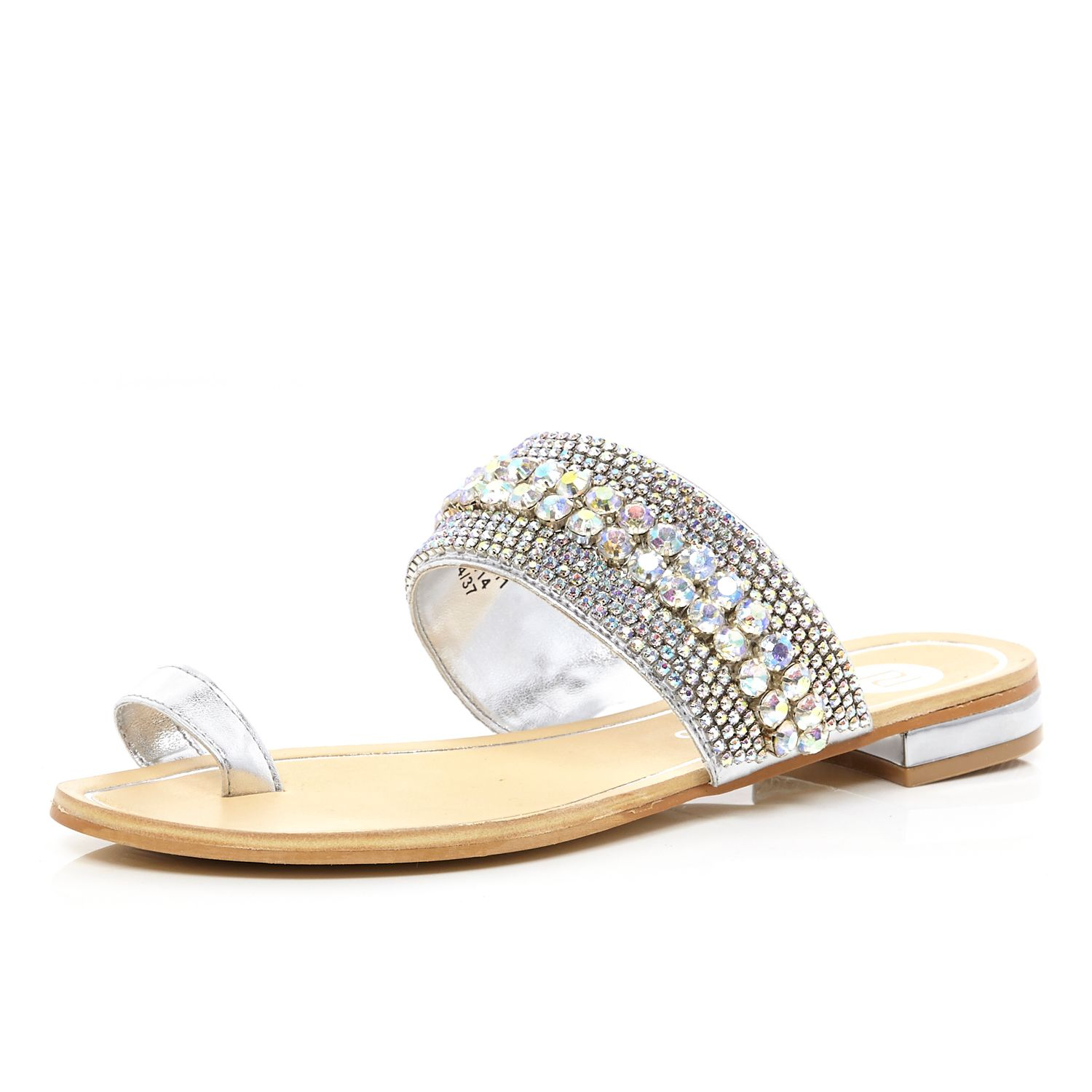 River Island Silver Embellished Toe Loop Sandals in Metallic - Lyst