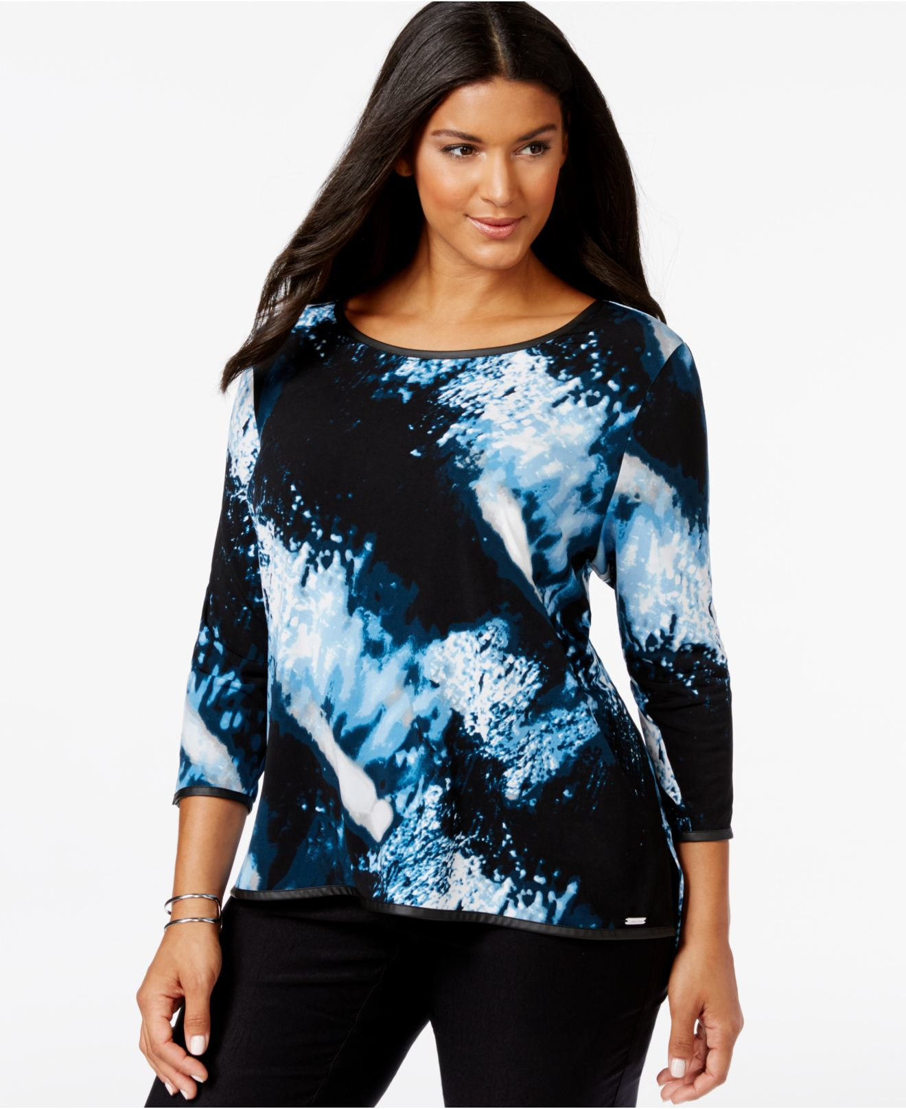Calvin klein Plus Size Faux-leather-piped Printed Top in Blue | Lyst