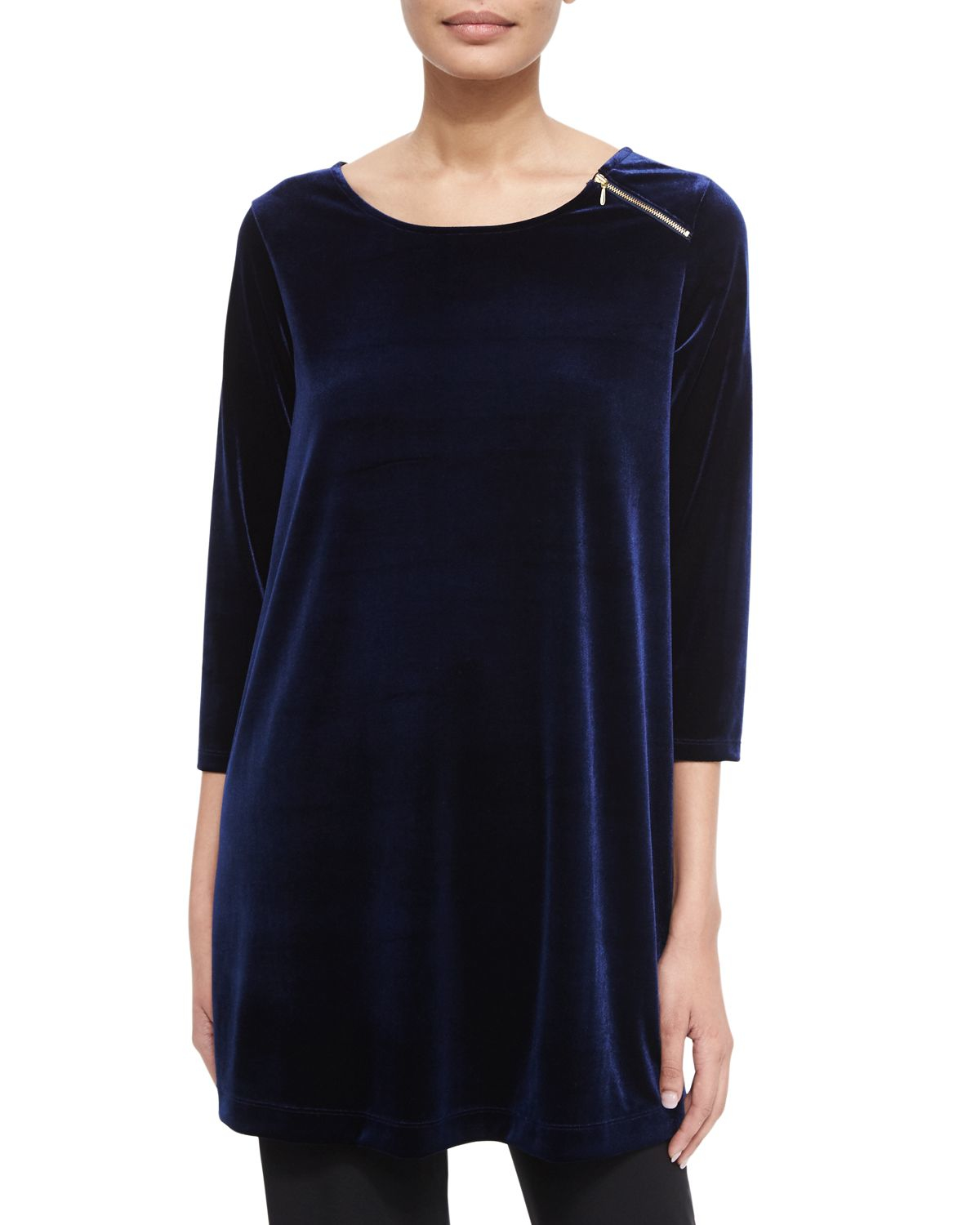 Lyst Joan Vass 3/4sleeve Velour Tunic W/ Zipper Detail in Blue