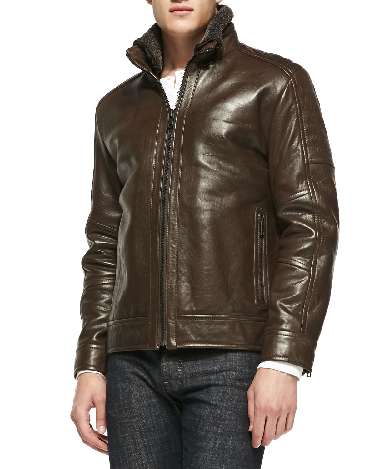 Andrew marc Shearling Fur-trim Rugged Leather Jacket in Brown for Men ...
