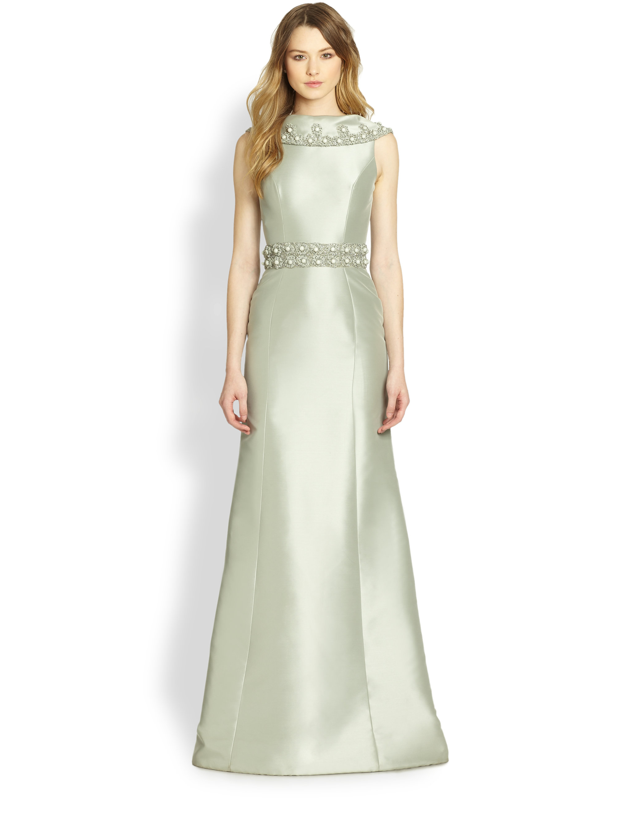 THEIA Folded Collar Satin Gown in Green Lyst