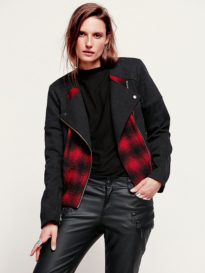 Free People Womens Plaid Pieced Moto Jacket in Black Lyst