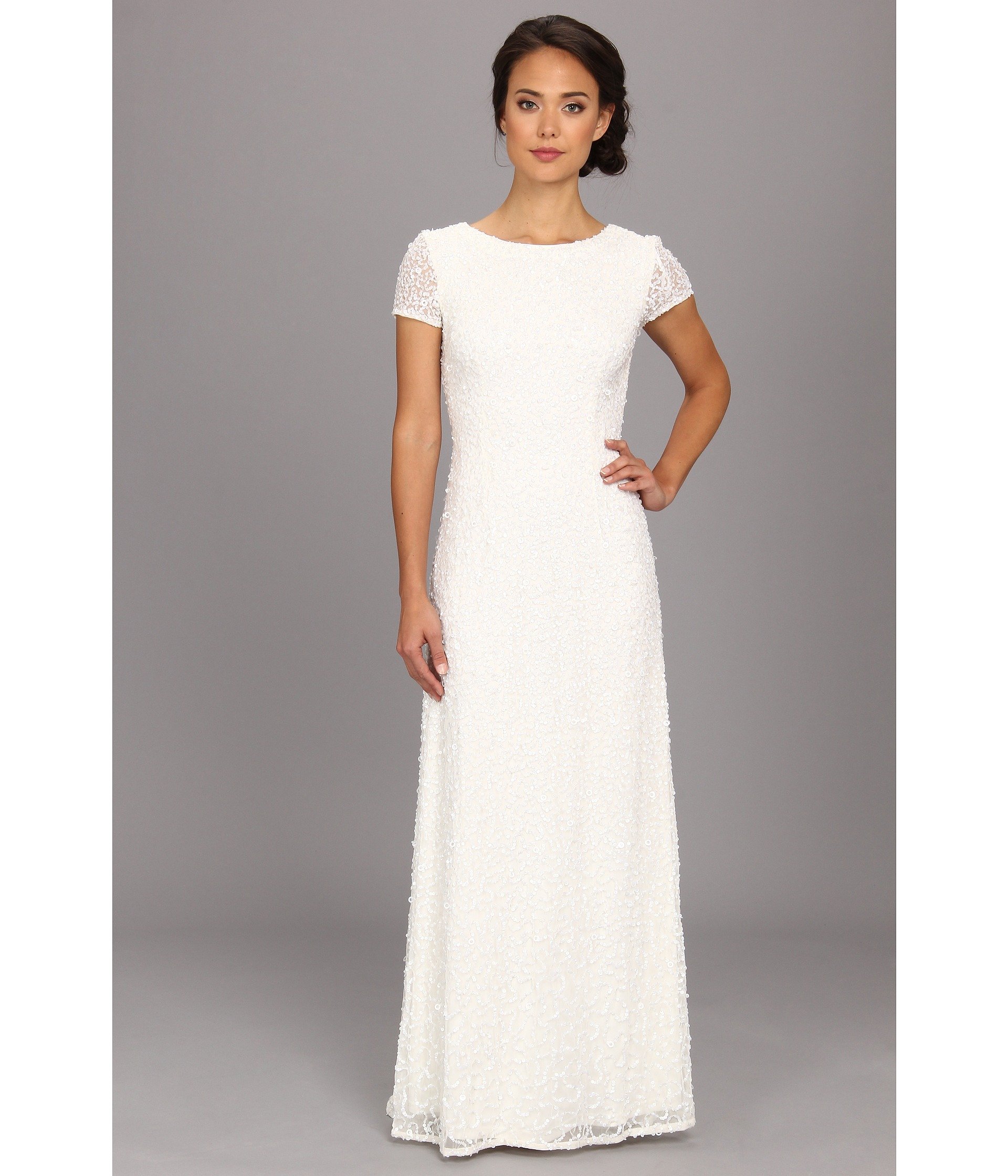 Adrianna Papell Synthetic Cap Sleeve Scoop Back Beaded Down Dress in Ivory  (White) | Lyst