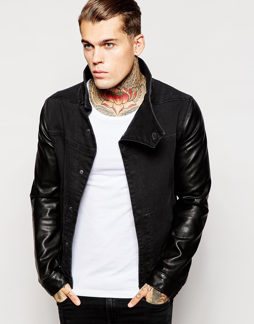 ASOS Denim Jacket With Faux Leather Sleeves in Black for Men | Lyst