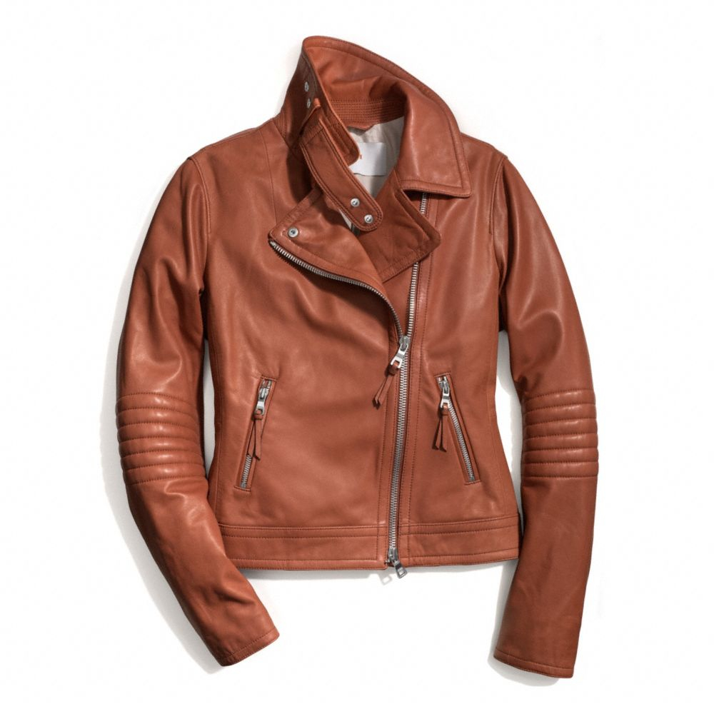 COACH Slim Leather Moto Jacket in Brown - Lyst