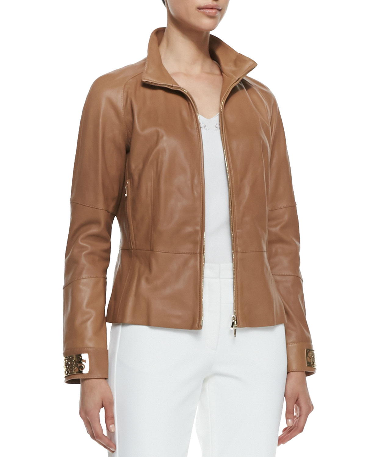 Escada Zip-Up Leather Jacket in Brown | Lyst