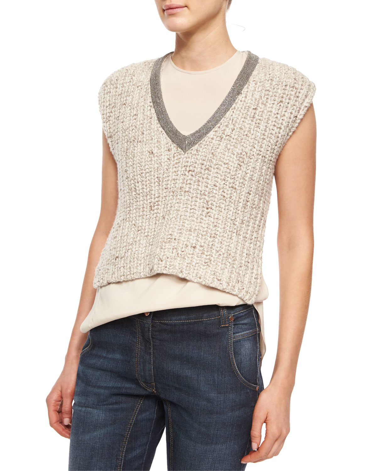 Brunello Cucinell Embellished-neck Sweater Crop Top in Beige (wheat) | Lyst