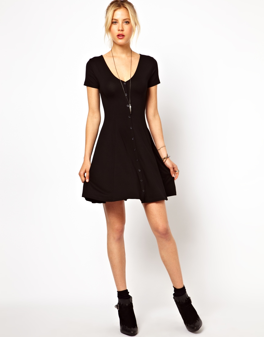 ASOS Skater Dress With Buttons And Short Sleeves in Black | Lyst