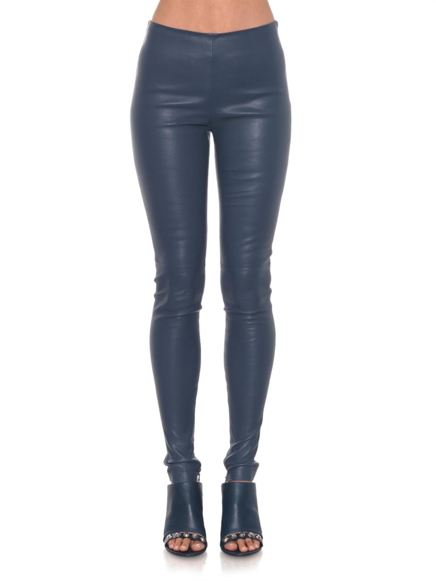 navy leather look trousers