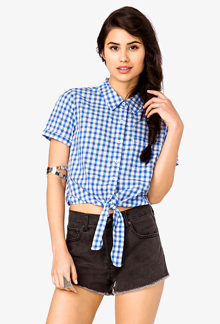 Forever 21 Tie Front Gingham Shirt in Cream/Blue (Blue) Lyst