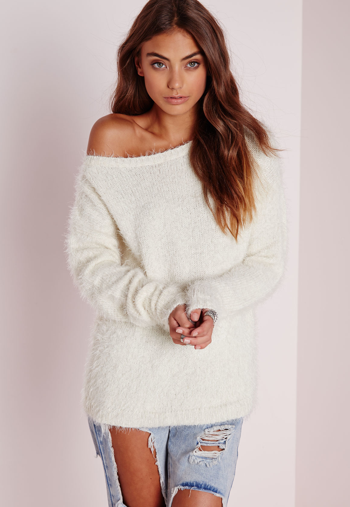 white fluffy off the shoulder jumper