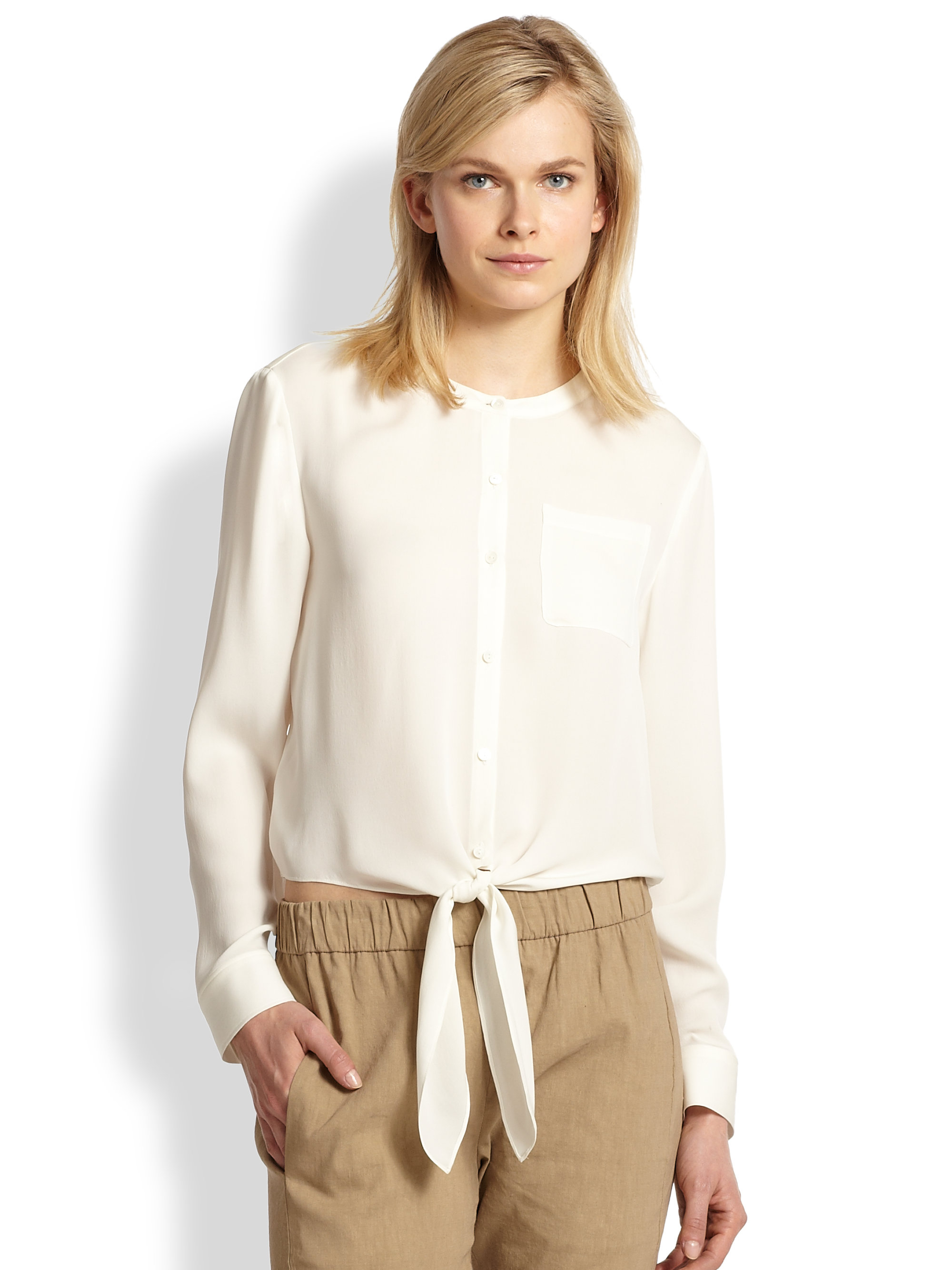 Theory Kevine Silk Tiedwaist Blouse in White | Lyst