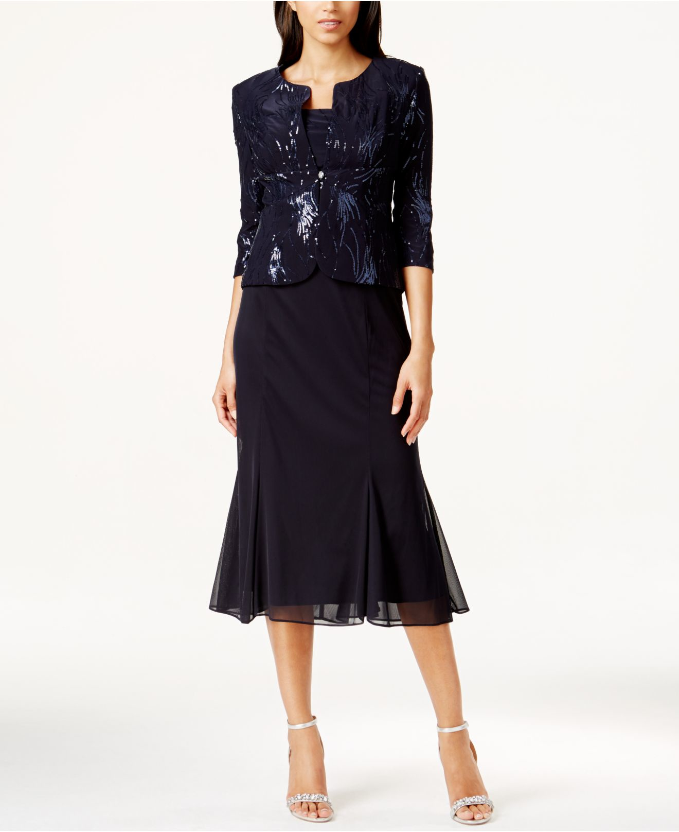 Alex evenings Sequined A-line Midi Dress And Jacket in Pink (Navy) | Lyst