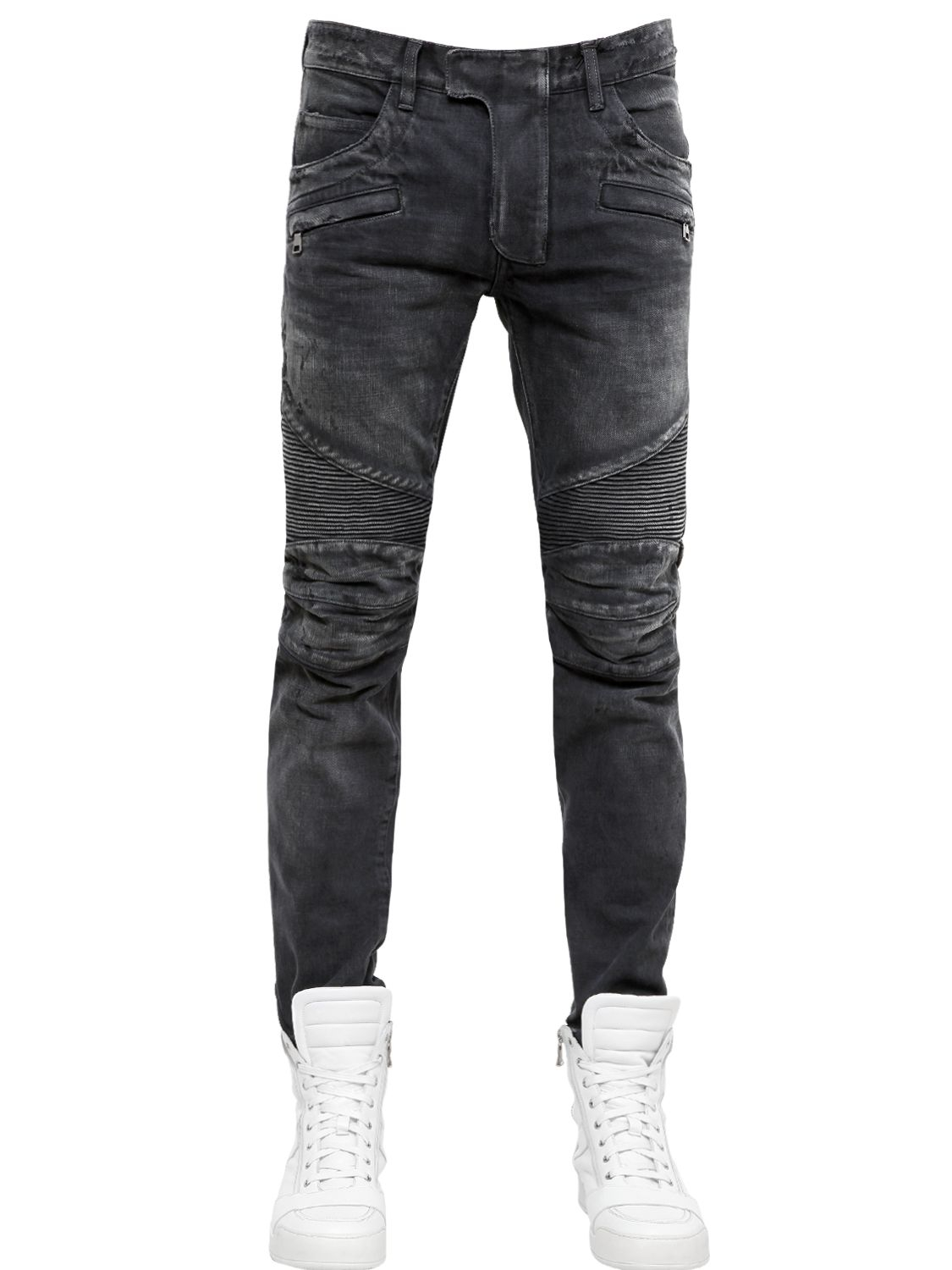 Lyst - Balmain 18cm Washed Cotton Denim Biker Jeans in Black for Men