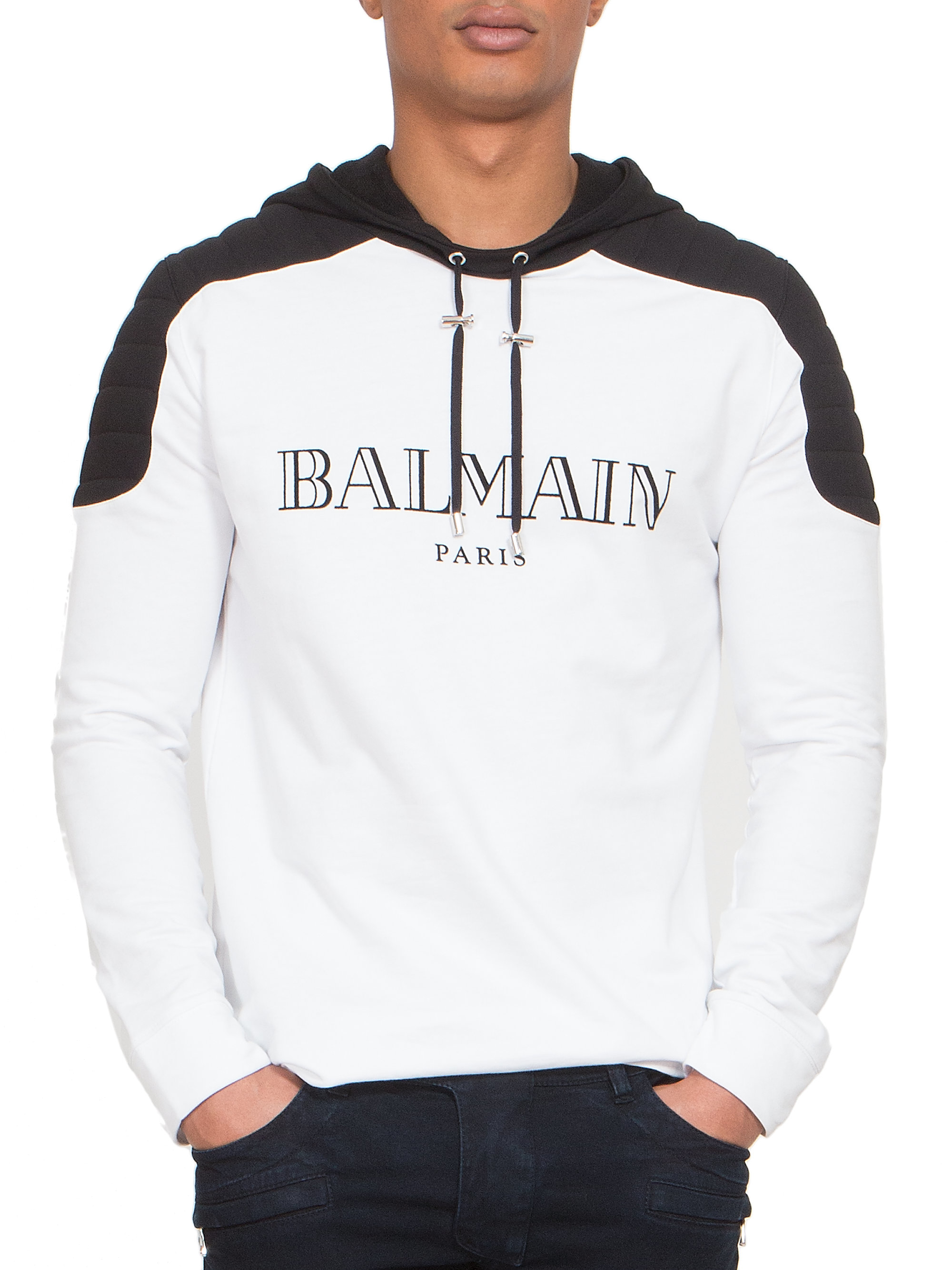 Balmain Quilted Shoulder Logo Hoodie in White-Black (White) for Men - Lyst