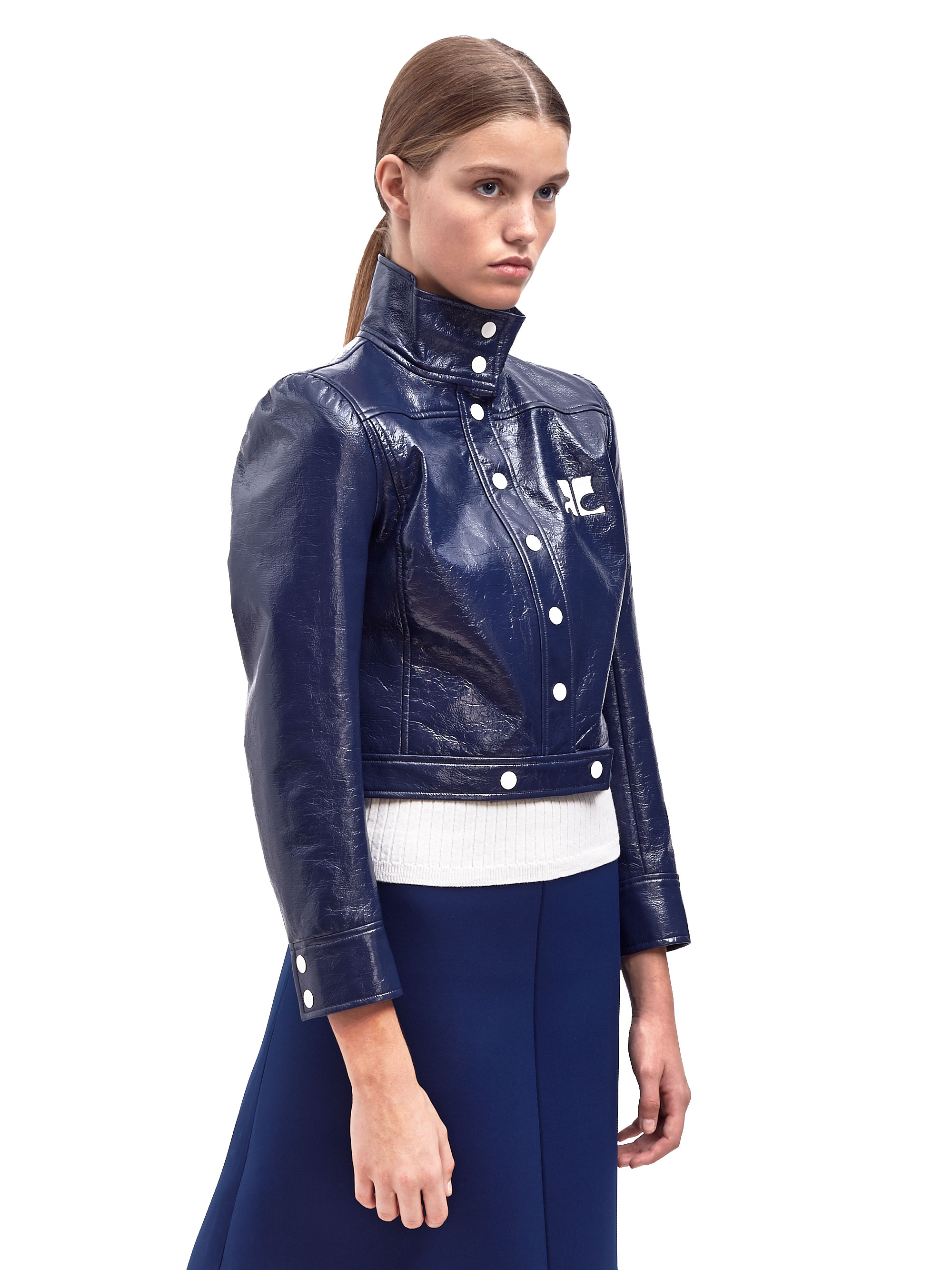 Lyst - Courreges Patent Cropped Jacket in Blue