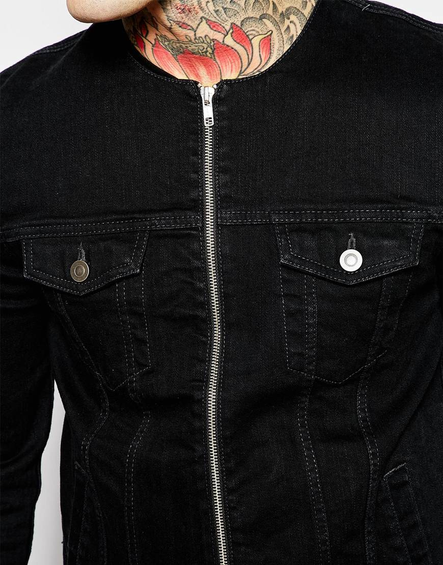 ASOS Collarless Denim Jacket in Black for Men | Lyst