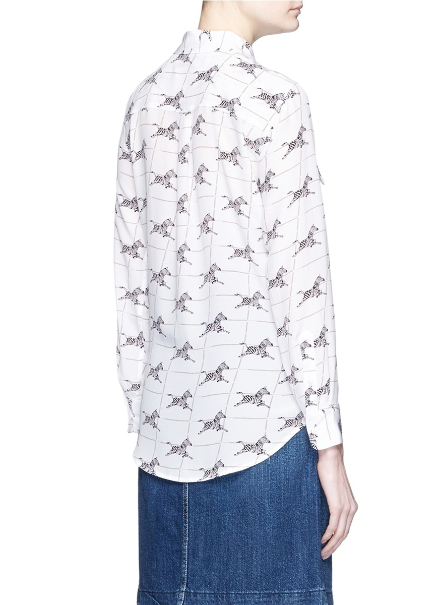 equipment slim signature zebra print silk shirt in white for lyst equipment slim signature zebra print silk shirt in white for lyst