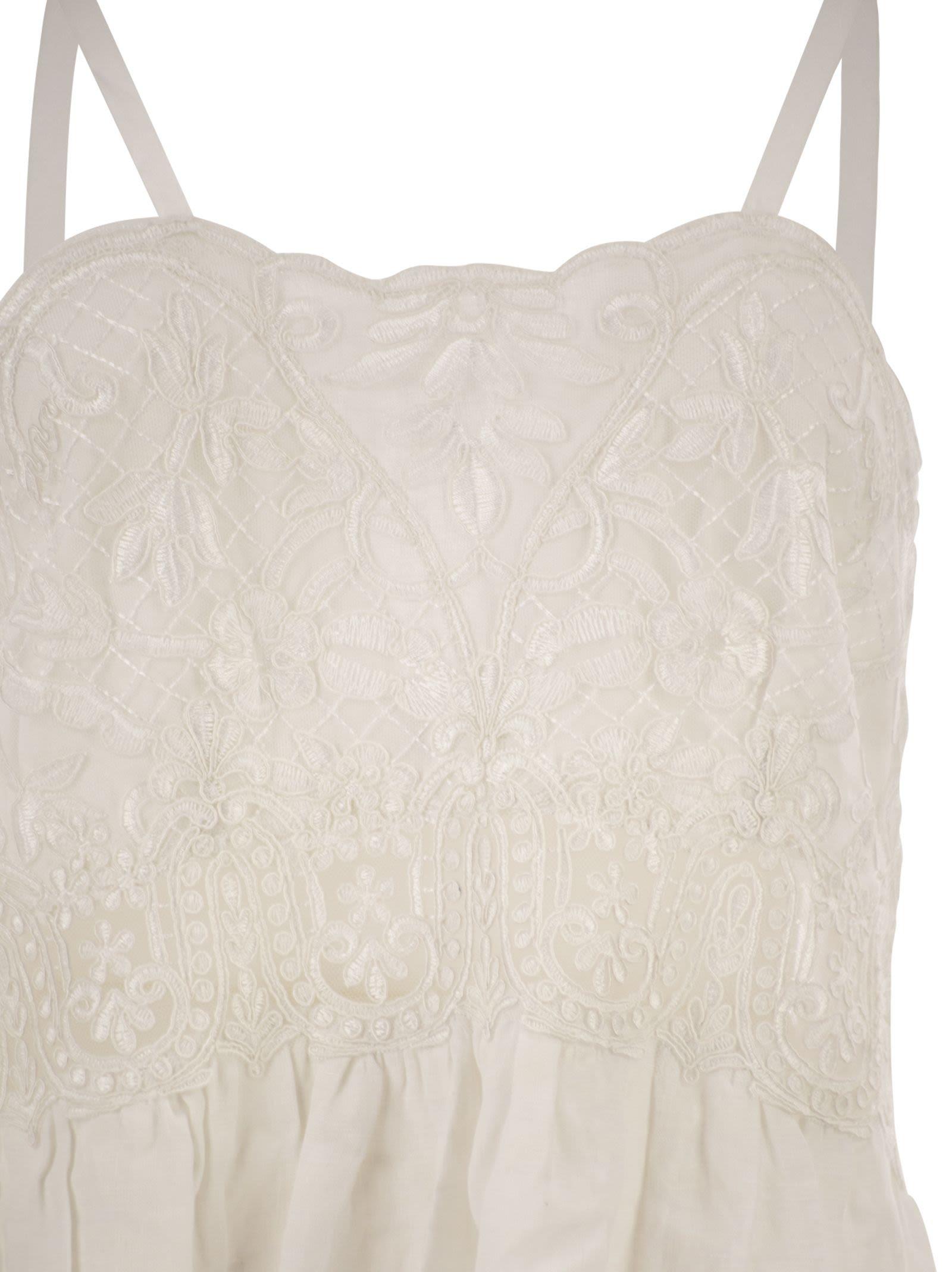 Maurizio Mykonos Long Linen Dress With Embroidered Bodice And Slim