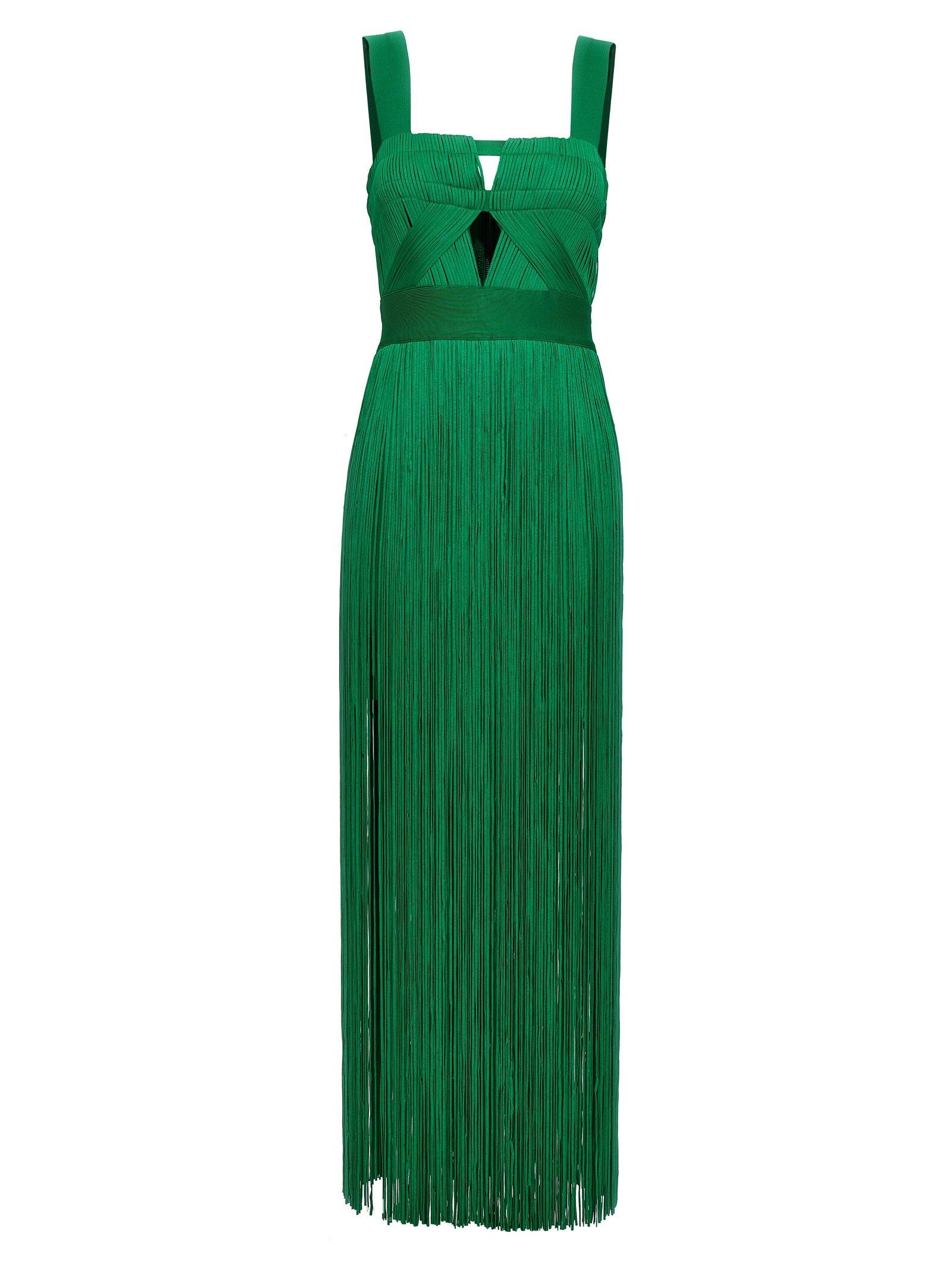 green emerald velvet dress Herve Leger Women's The Autumn Fringe Bandage Gown - Black
