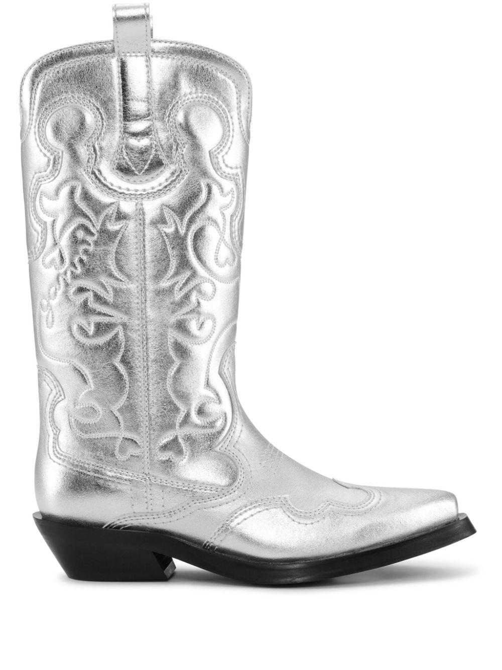 Ganni Western Midi Shaft Metallic Boots in Grey Lyst UK