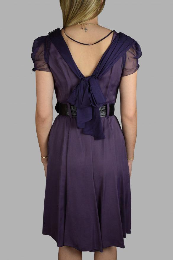 prada purple dress 58220 auth PRADA purple silk SIE RUFFLE Belted Cap Sleeve Dress 38 XS