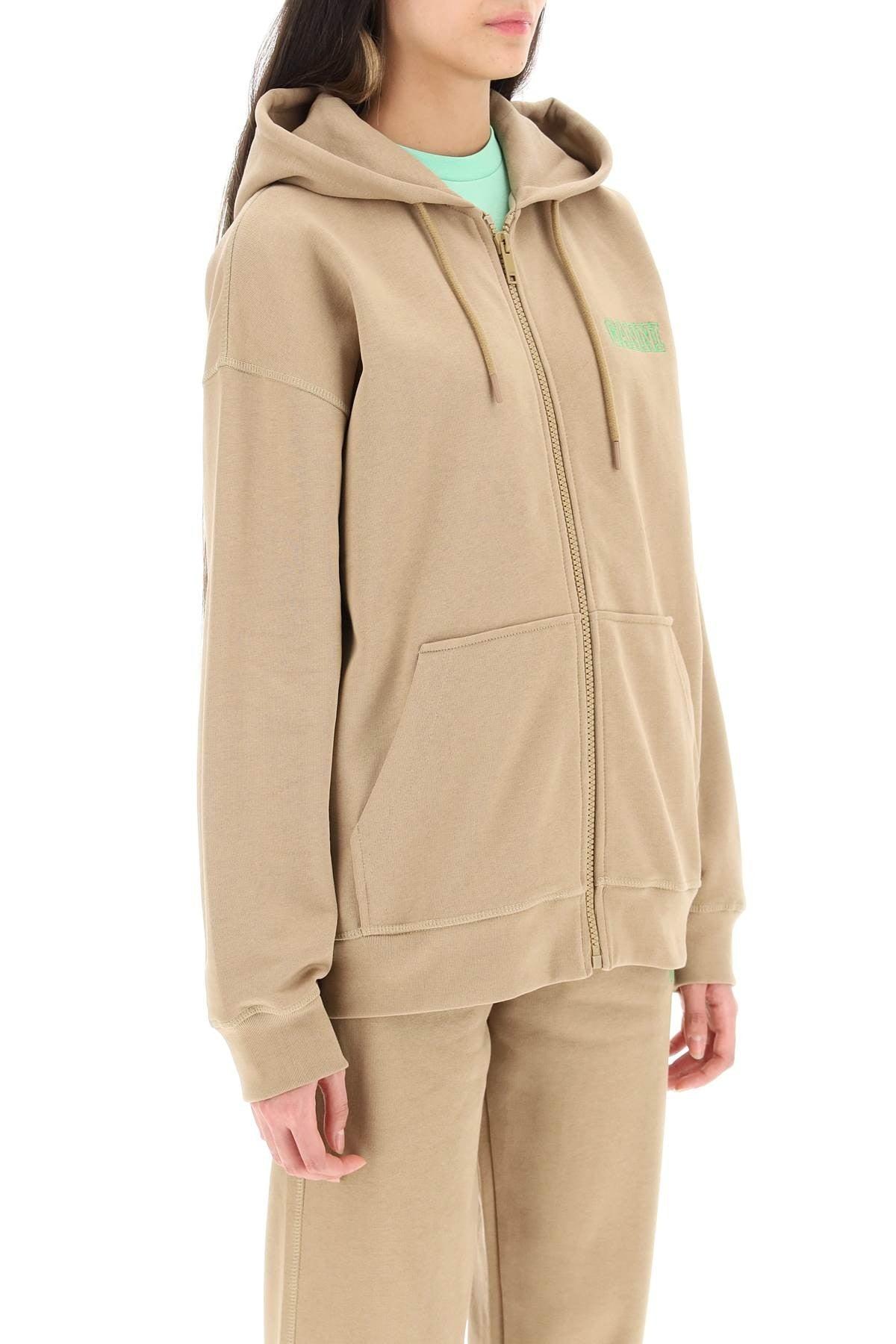 Ganni Logo Embroidery Zip-up Hoodie in Natural | Lyst