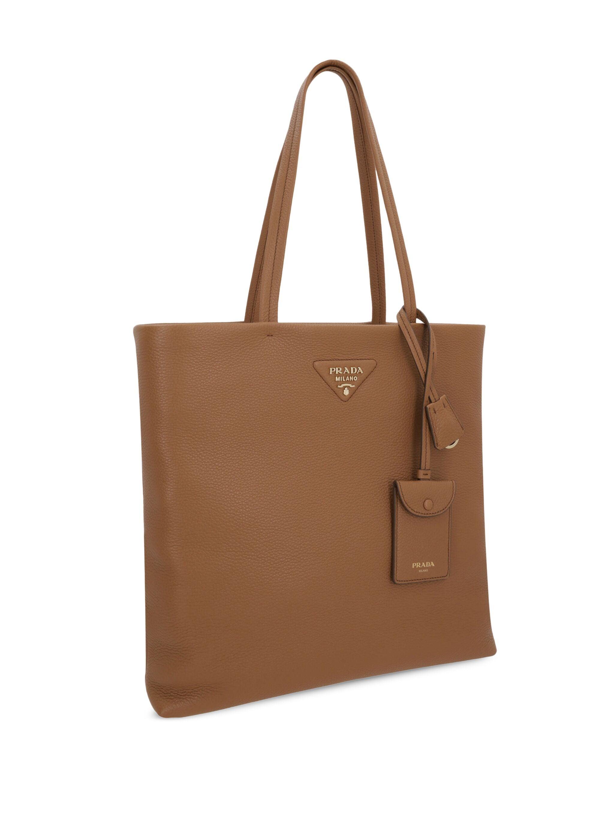 Prada Triangle Logo Leather Tote Bag in Brown | Lyst